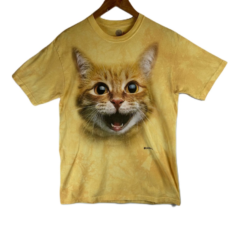 The Mountain Mens Yellow Tie Dye Big Face Orange Tabby Cat Graphic T-Shirt M